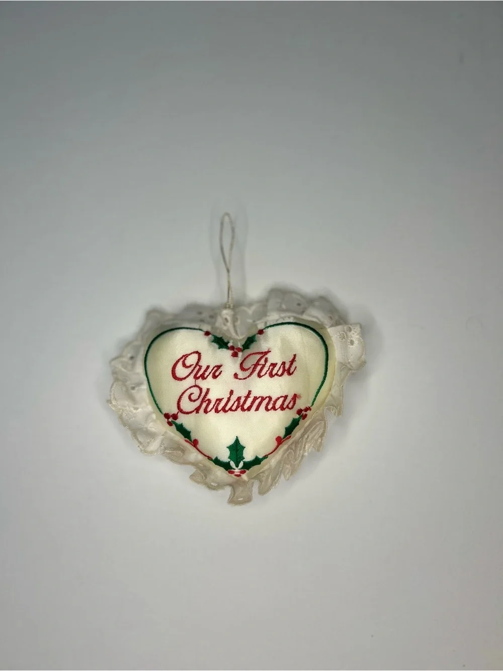 VTG Russ Berrie Satin Sentiments Our First Christmas Heart Pillow Ornament Lace